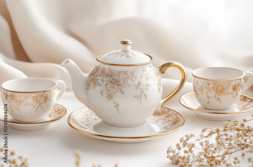 Beautiful tea set with teapot and teacups, delicate Beautiful tea set with teapot and teacups, delicate