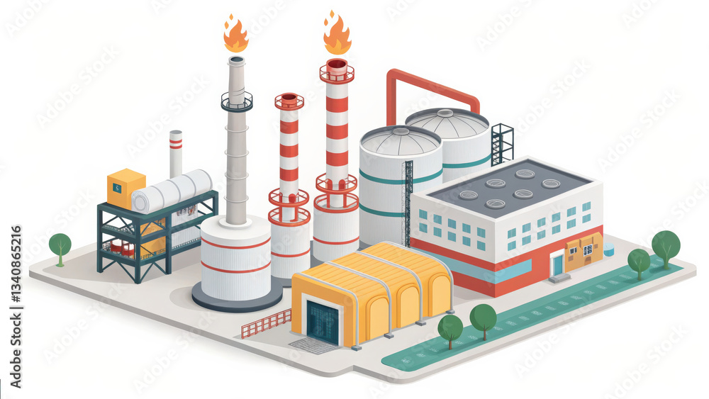 Fototapeta premium colorful isometric illustration of industrial factory complex with chimneys emitting flames, storage tanks, and warehouse, surrounded by trees and road