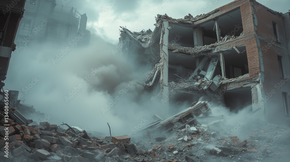 Fototapeta premium A high-resolution, dramatic image of a partially collapsed building, with exposed interior walls and debris scattered around.