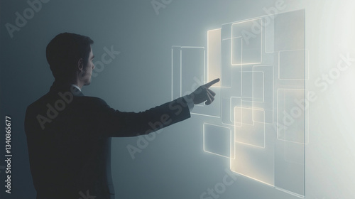 A futuristic concept image of a business professional in a suit, pointing at a transparent virtual interface
