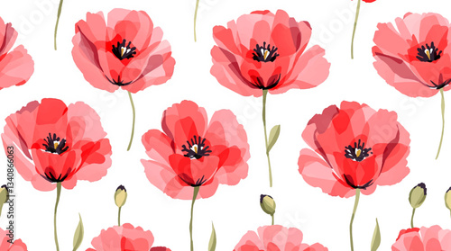 Watercolor red poppies on a white background