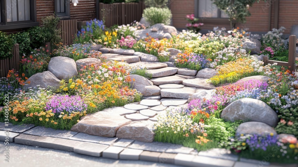 Fototapeta premium Stone Path, Blooming Flowers, Garden Design