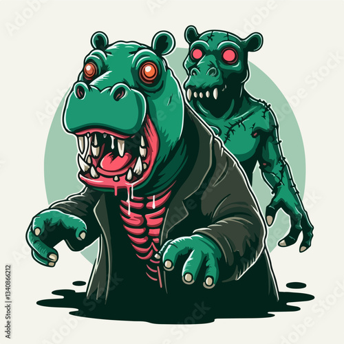 Zombie Hippo's Lurking Menace: A captivating and unique illustration showcasing two monstrous zombie hippos. The first, a menacing figure with a terrifying grin and bloodshot eyes.