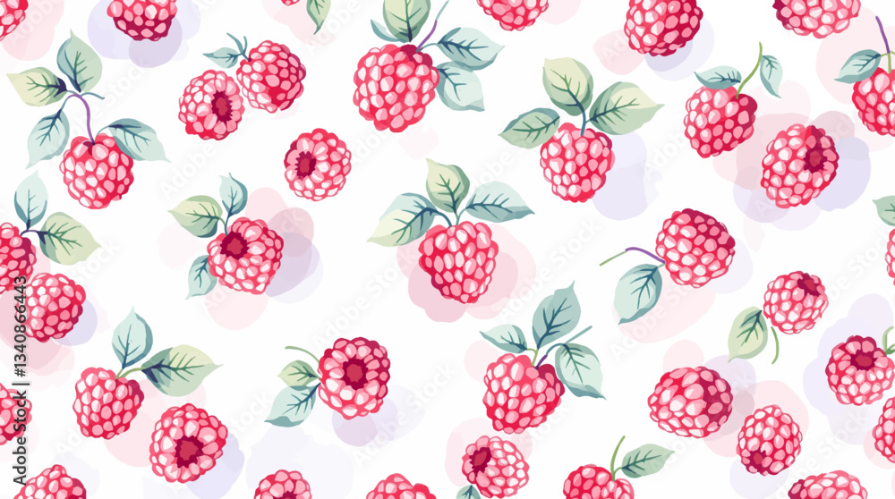 Watercolor pattern featuring raspberries white background Watercolor pattern featuring raspberries white background