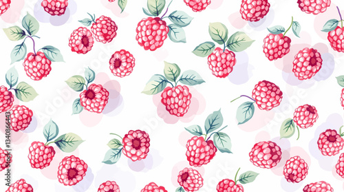 Watercolor pattern featuring raspberries white background