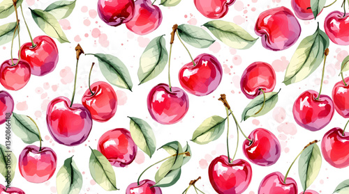 Watercolor red cherries on white background seamless vector pattern
