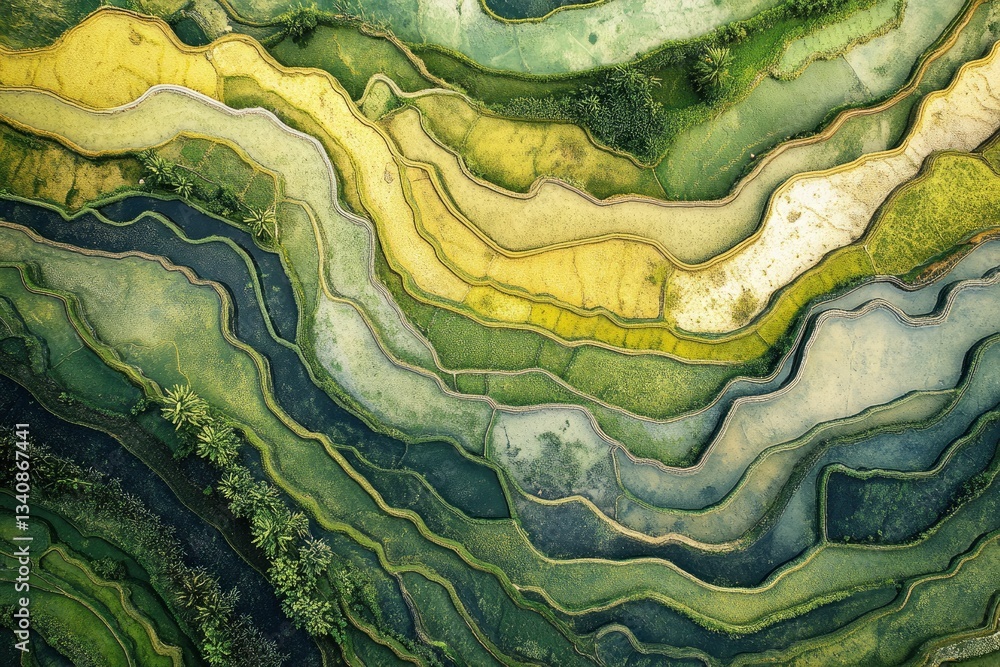 Obraz premium Aerial View of Rice Terraces with Water and Greenery Landscape