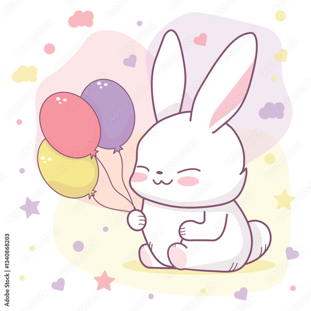 Cute baby card with funny bunny and balloons in kawaii style. Vector illustration of character Cute baby card with funny bunny and balloons in kawaii style. Vector illustration of character