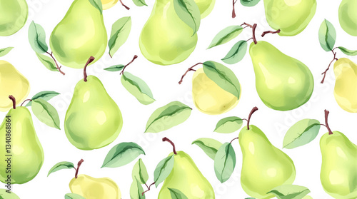 Watercolor green pears and leaves seamless pattern on a white background.
