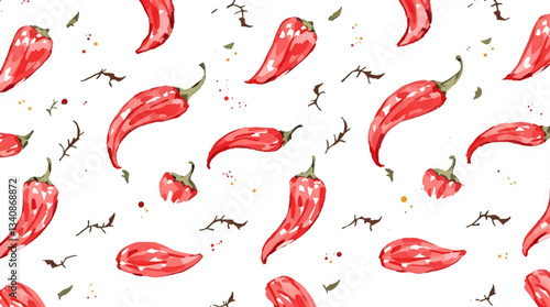  Watercolor pattern red pepper on white background 