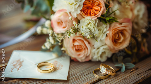 Wedding rings on an invitation beside a bouquet of roses.