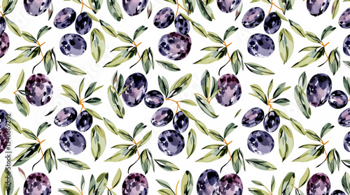 Watercolor Seamless pattern black olives white background