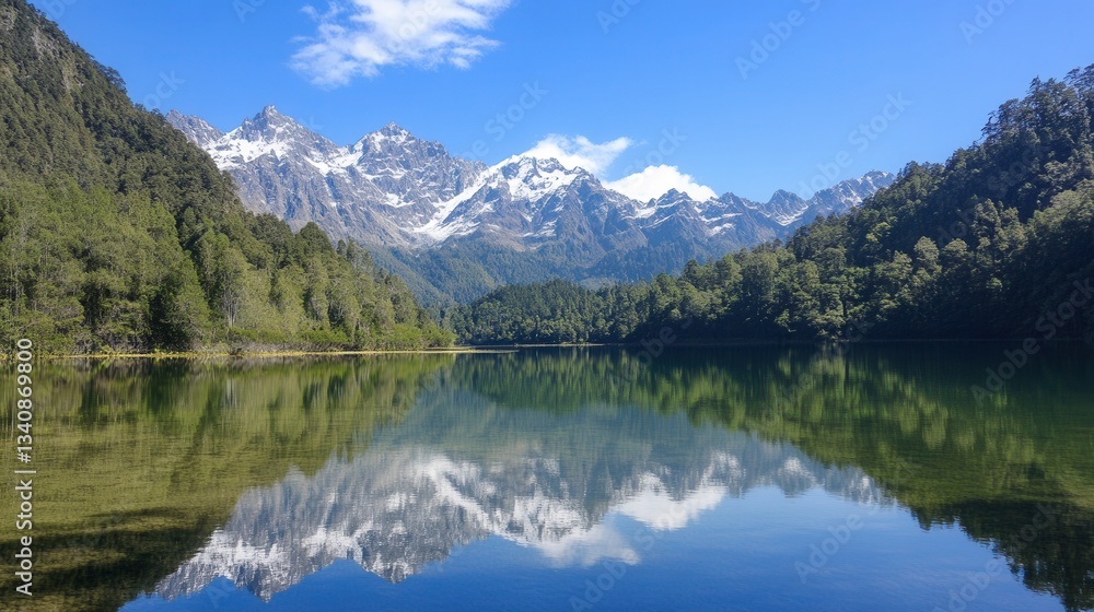 Fototapeta premium a crystal-clear mountain lake reflecting snow-capped peaks under a bright blue sky, surrounded by lush pine forests.
