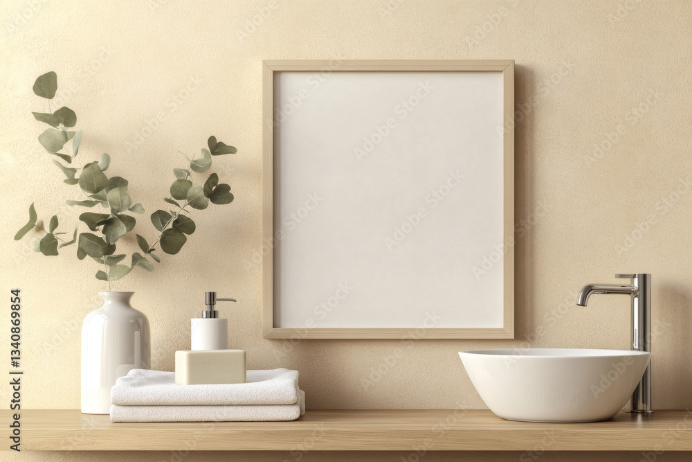 Fototapeta premium Minimalist Scandinavian Bathroom with White Picture Frame Mockup and Floating Wooden Shelf