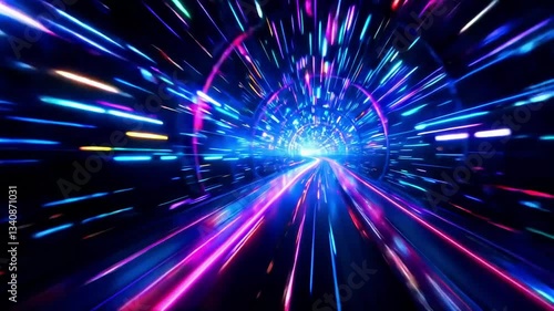 Wallpaper Mural A high-speed journey through an infinite neon-lit data tunnel with flashing holographic symbols and fast-moving tech elements Starling's supper resolution 4k abstract shapes video 3d animation Torontodigital.ca