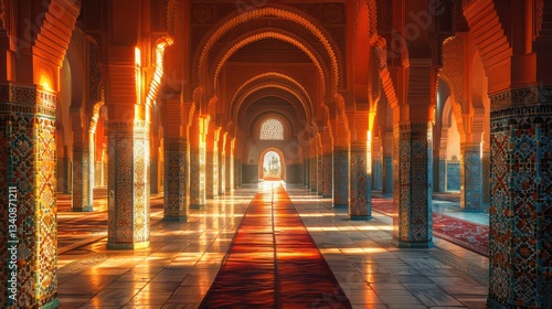 A long hallway with arched windows and a red carpet