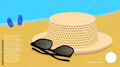 Braided straw panama hat and sunglasses lie on sandy shore of sea beach. Seaside coastline holiday advertising banner with travel company. Cartoon vector summer concept
