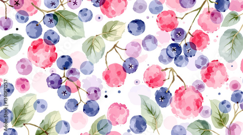 Seamless pattern of red, blue and purple berries on white background, vector