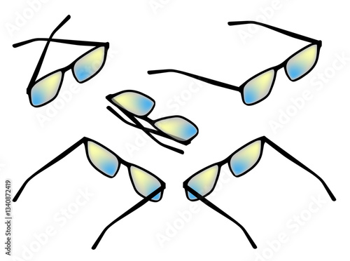 Isometric set of glasses for computer working with lenses filters to protect vision from fatigue, dry eyes. Chameleon glasses with ultraviolet filters. 3D vector concept isolated on white background