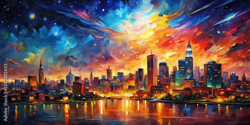 Obraz premium Vibrant Night Cityscape Oil Painting, Colorful Urban Night Background