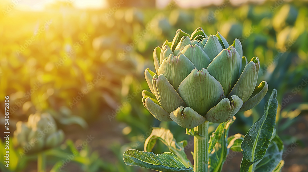 Fresh artichoke on a plant in the garden with purple leaves and healthy natural surroundings