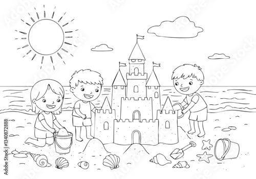 Building Sandcastles: Kids Fun at the Beach Coloring Page