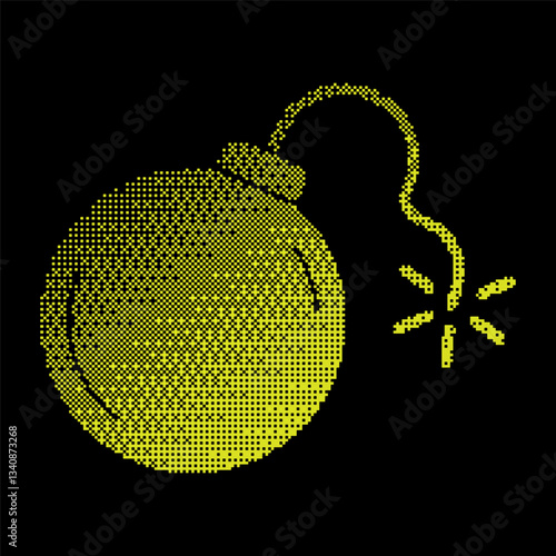 Pixel bomb wick halftone silhouette icon. Metallic round bomb with wick. Offensive and defensive weapons. Simple black and yellow vector isolated on black