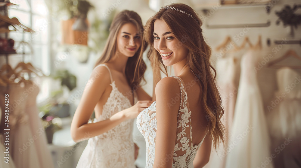 Naklejka premium Bride trying on a wedding dress.