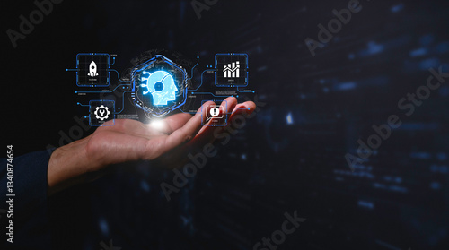 Fotografía DevOps concept, software development, IT operations, agile programming, Concept with dev ops icon on computer screen and project manager, coder or sysadmin typing on keyboard, high software quality