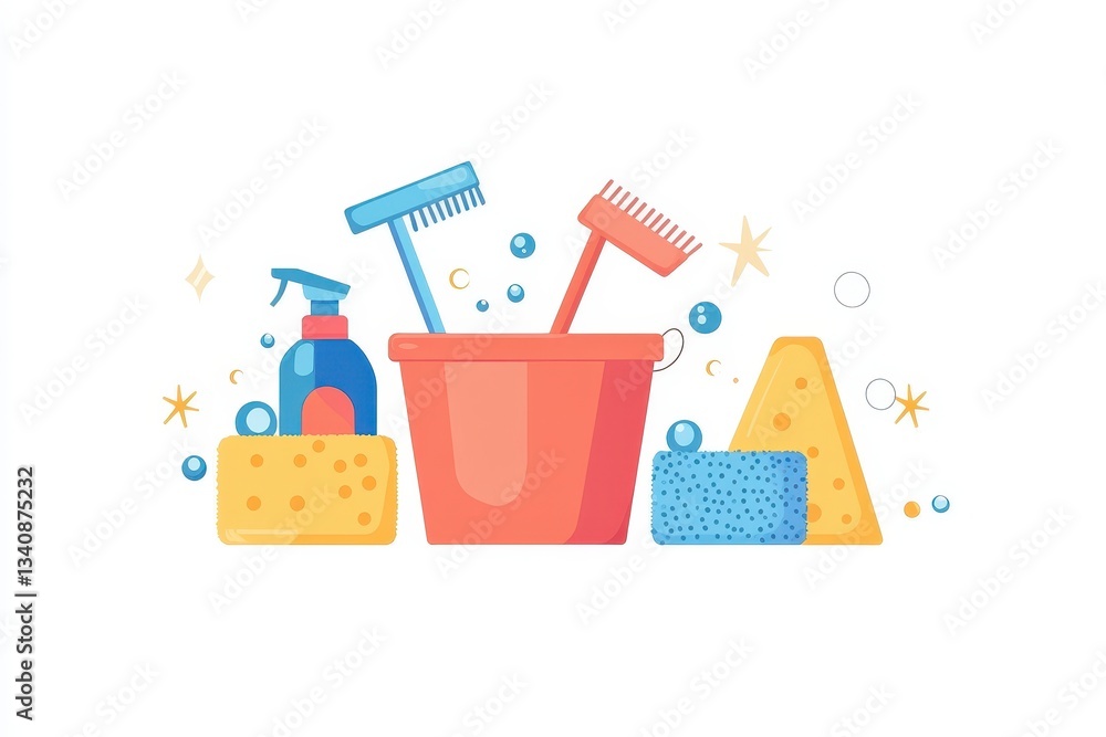 Fototapeta premium Pastel Cleaning Supplies in Red Bucket on White Background