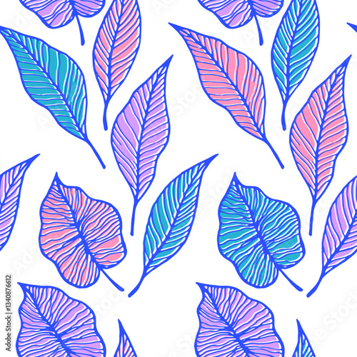 Pink blue mint green purple leaves in doodle style vector seamless pattern