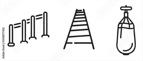 Fitness equipment icons including bars, a ladder, and a punching bag.