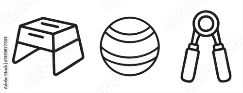 Fitness equipment icons: a box, a ball, and a pair of hand grips.