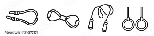 Various types of rope and set of gymnastic rings illustrated in a minimalist style.