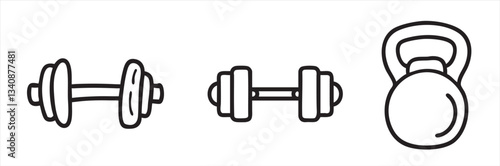 Fitness equipment sketches featuring a dumbbell and kettlebell.