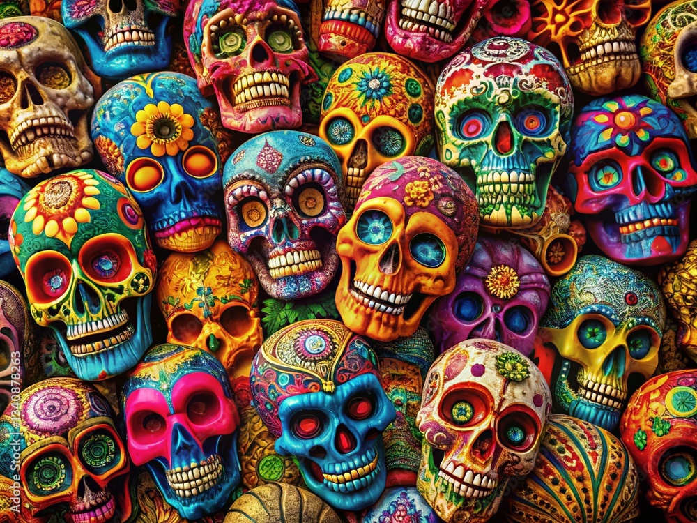 Vibrant Skull Pattern: Intricate Designs & Bold Colors - Stock Photo Vibrant Skull Pattern: Intricate Designs & Bold Colors - Stock Photo