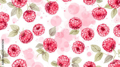 Watercolor pattern featuring raspberries white background