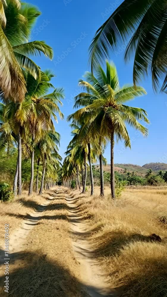 Lush palm trees lining a dirt path through golden fields under clear blue sky