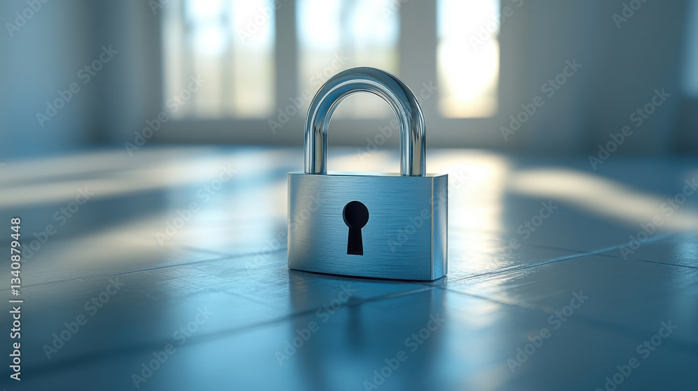 Fototapeta premium Floating padlock with a smooth matte finish resting against a white wall, illuminated by soft natural light during early morning hours