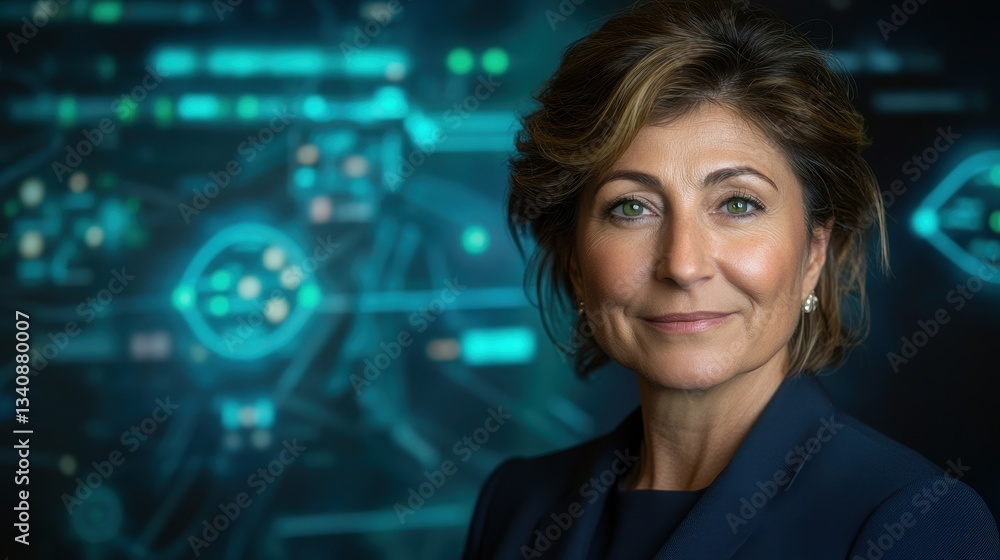 Obraz premium Confident businesswoman in front of a futuristic technology background