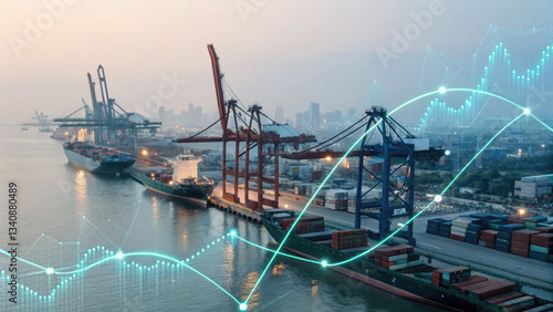 Wallpaper Mural A futuristic depiction of tariffs using holographic trade graphs over a shipping port, visualizing fluctuating costs and economic restrictions in a digital finance landscape. Torontodigital.ca