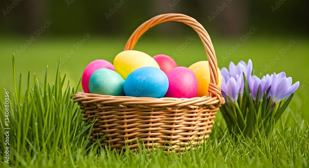 A charming Easter basket overflowing with multicolored eggs, set on a patch of green grass with blooming flowers, Ai Generated