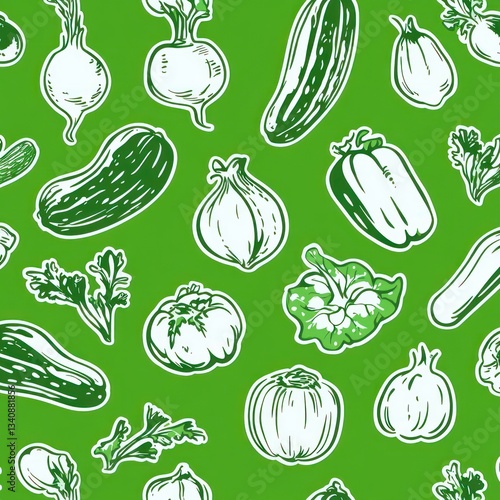 Seamless Vegetable Pattern with Hand-Drawn Designs on Vibrant Green Background for Fabric and Wallpaper
