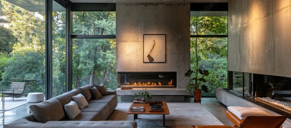 Fototapeta premium A modern living room featuring a fireplace and large windows