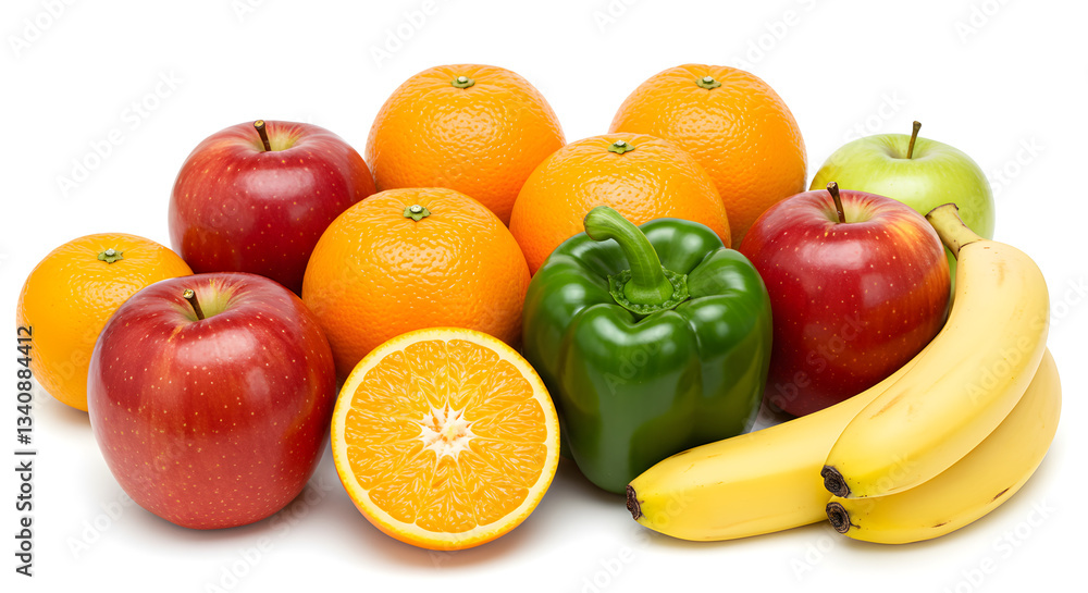 Fresh Fruits & Vegetables: Apples, Oranges, Banana, Pepper Fresh Fruits & Vegetables: Apples, Oranges, Banana, Pepper