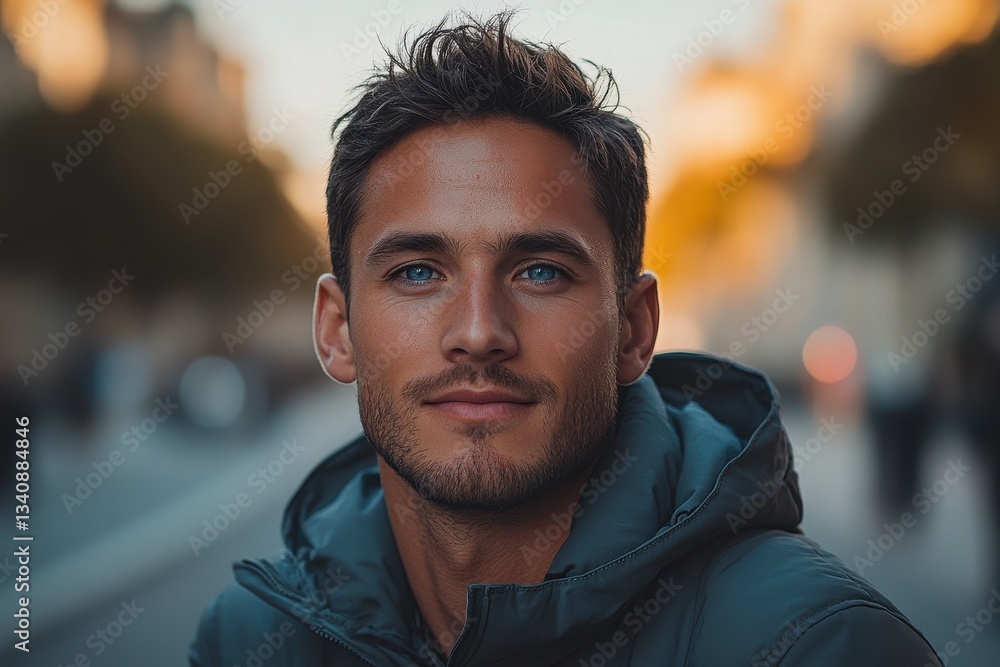 Fototapeta premium Handsome Young Man with Blue Eyes in City Setting