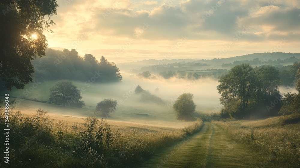 Obraz premium A serene landscape featuring rolling hills, misty fields, and scattered trees illuminated by soft sunlight, evoking tranquility and natural beauty.