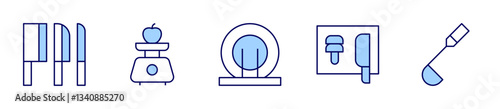 knives, dish rack, scale, cooking, ladle. Utensil Icon vector illustration. Line Duotone style. Editable stroke