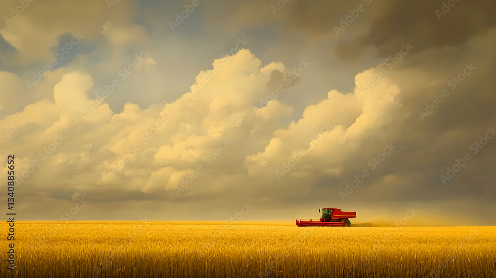 Fototapeta premium Harvest Time: A Combine Harvester in a Golden Wheat Field Under a Dramatic Sky