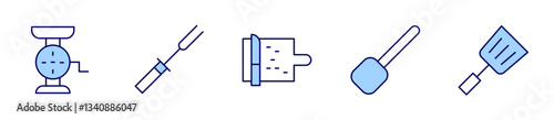 scoop, meat grinder, spatula, fork, cutting board. Utensil Icon vector illustration. Line Duotone style. Editable stroke